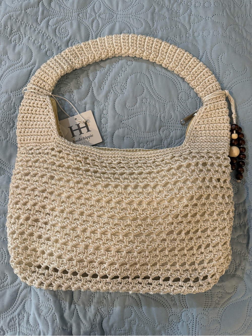 Haute Hippie Cream Crochet Hobo Shoulder Bag with Beaded Accent NWT